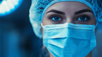 Portrait of a healthcare professional with surgical mask and cap, focused in hospital setting.