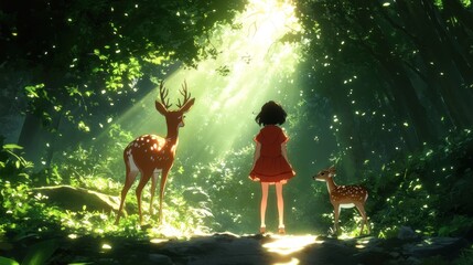 A girl in a red dress stands with two deer in a sunlit forest, surrounded by greenery.