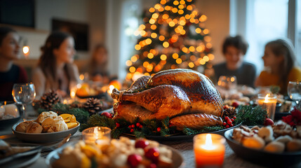 Family praying before dinner is sitting at Decorated table roasted turkey or chiken in sauce with rosemary. Holiday celebration dinner Christmas or Thanksgiving.