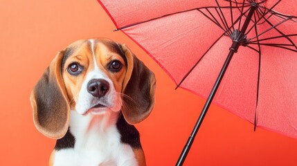 Wall Mural - A beagle dog sits beside a pink umbrella against a vibrant orange background.