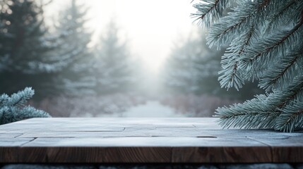 Poster - A serene winter landscape with frosted trees and a wooden surface in the foreground.