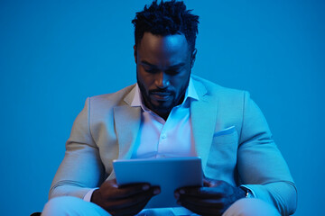 A man in a suit is sitting and looking at a tablet