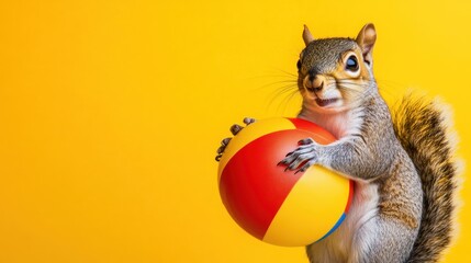 Poster - A squirrel holding a colorful beach ball against a bright yellow background.