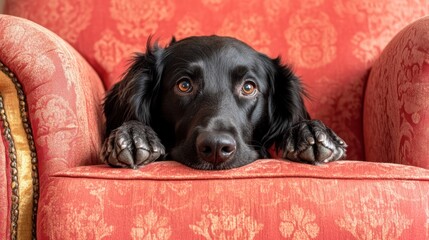 Poster - A black dog resting its head on a red upholstered chair, looking curiously at the viewer.