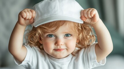 A baby wearing a cap shows a determined look, capturing a future explorer vibe with curiosity and enthusiasm, highlighted by soft lighting and detailed textures.