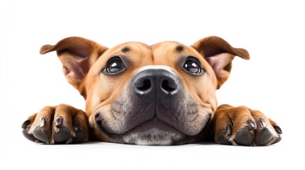 Poster - A close-up of a playful dog resting its head on its paws, showcasing its expressive eyes.