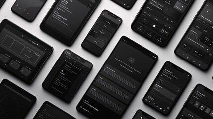 A collection of dark-themed displays featuring elegant user interface designs against a pristine backdrop, highlighting contemporary technology and minimalist style.