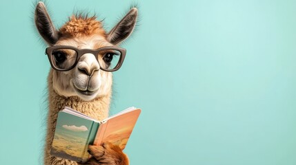 Wall Mural - A llama wearing glasses reads a book against a pastel background.