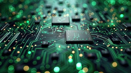 Leinwandbilder - This detailed view highlights a circuit board filled with intricate pathways and chips, featuring vibrant green lights that illustrate modern technology's complexity.