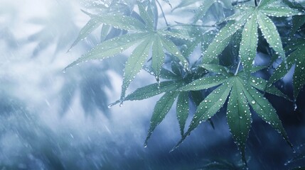 Canvas Print - Close-up of green maple leaves with raindrops, creating a serene and refreshing atmosphere.