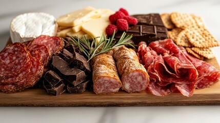 A luxurious charcuterie board creatively presented with premium cheeses, cured meats, chocolate squares, and fresh raspberries, offering a rich and savory experience.