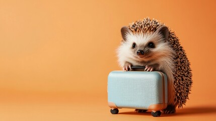 Canvas Print - A hedgehog perched on a small suitcase against an orange background.