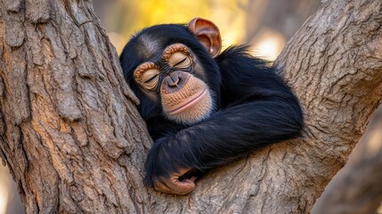 Wall Mural - A sleeping chimpanzee nestled comfortably on a tree branch.