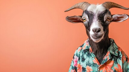 Poster - A goat wearing a colorful Hawaiian shirt against a vibrant orange background.