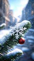 Poster - Snow-Covered Pine Branch with Snowflake Ornament.