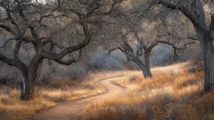 Sticker - A winding path through a tranquil landscape of trees and golden grass.