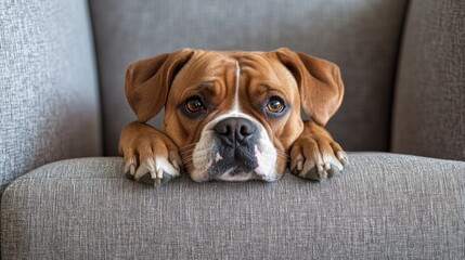 Wall Mural - A close-up of a dog resting its head on a couch, looking curiously at the camera.