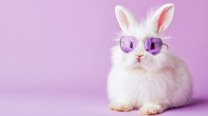 A fluffy white rabbit wearing stylish purple sunglasses against a pastel background.