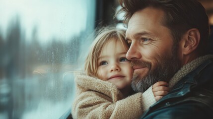 A father and his little daughter share a warm and joyful moment by a train window, looking out at snow-covered scenery, while traveling in cozy winter attire.