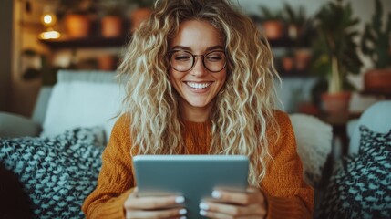 A joyful woman with curly hair and glasses, seated comfortably at home, smiling while holding a tablet, surrounded by a modern and cozy interior design.