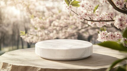 Wall Mural - A minimalist marble platform surrounded by blooming cherry blossoms in a serene setting.