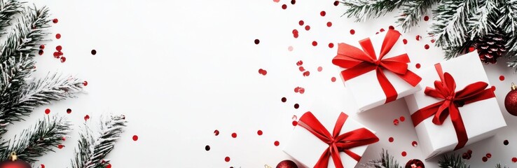 Wall Mural - Christmas gift boxes with red ribbons, fir branches, and confetti on white background. Festive design. Banner.