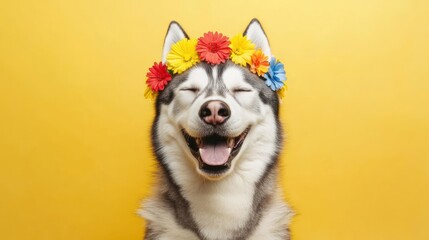 A cheerful husky wearing a flower crown against a bright yellow background.