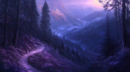 Sticker - A serene twilight landscape featuring mountains, a winding path, and dense trees.