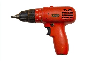 A powerful pneumatic drill with visible scratches and wear, isolated on a white background