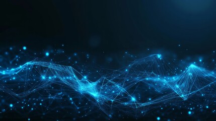 abstract blue glowing lines and dots on a dark background.