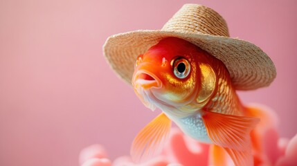 Poster - A goldfish wearing a straw hat against a pink background, creating a whimsical and fun atmosphere.