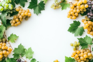 Canvas Print - A decorative arrangement of green, yellow, and purple grapes with leaves on a white background.