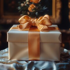 Wall Mural - Elegant Gift Box with Open Lid and Golden Ribbon