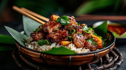 A savory dish of spicy beef stir-fry rests atop a mound of fragrant rice, garnished with fresh herbs, exuding a tantalizing aroma of Asian cuisine delight.