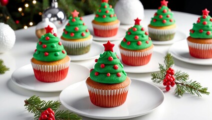 Christmas cupcakes decorated with a Christmas tree on a white plate.