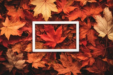 Poster - A white frame surrounded by vibrant autumn leaves in various shades of red and orange.