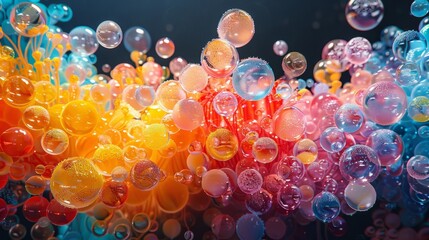 Colorful abstract composition of bubbles and vibrant hues floating in water, creating a visually striking effect