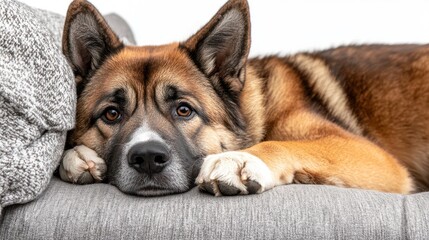 Wall Mural - A close-up of a resting dog with expressive eyes, lying on a couch.