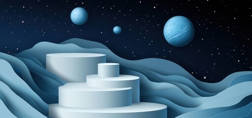 Wall Mural - abstract landscape with layered forms and celestial bodies in a cosmic setting.
