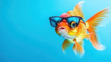 Poster - A goldfish wearing sunglasses swims against a vibrant blue background.