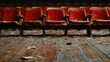 ©  Jovaduplex - An old theater features scattered red seats amidst debris on a worn wooden floor, creating a poignant scene of decay, abandonment, and lost memories.