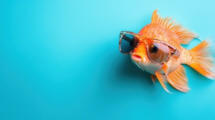 Wall Mural - A goldfish wearing sunglasses against a vibrant blue background.