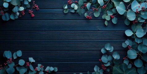 Sticker - A dark wooden background adorned with green leaves and red berries, creating a natural aesthetic.