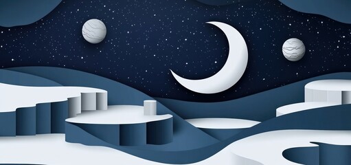 Wall Mural - a serene night scene with a crescent moon and planets in a stylized landscape.