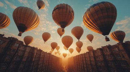 Hot Air Balloons Over Cityscape