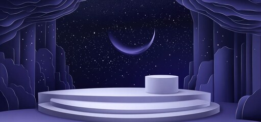 Wall Mural - a serene stage set in a cosmic landscape, featuring a crescent moon and starry sky.