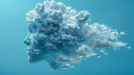 a woman's profile emerges from a dreamlike composition of swirling clouds, illustrating the blend of