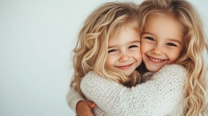 Two children with light wavy hair wrapped in cozy sweaters share a heartfelt hug, smiling brightly at the camera in a cozy and joyful atmosphere.