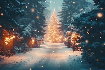 Poster - A serene winter scene featuring a beautifully lit Christmas tree along a snowy path.