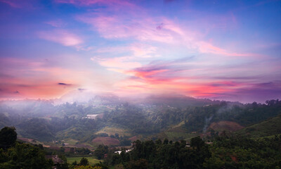 Wall Mural - sunrise on the mountain in the countryside of thailand,